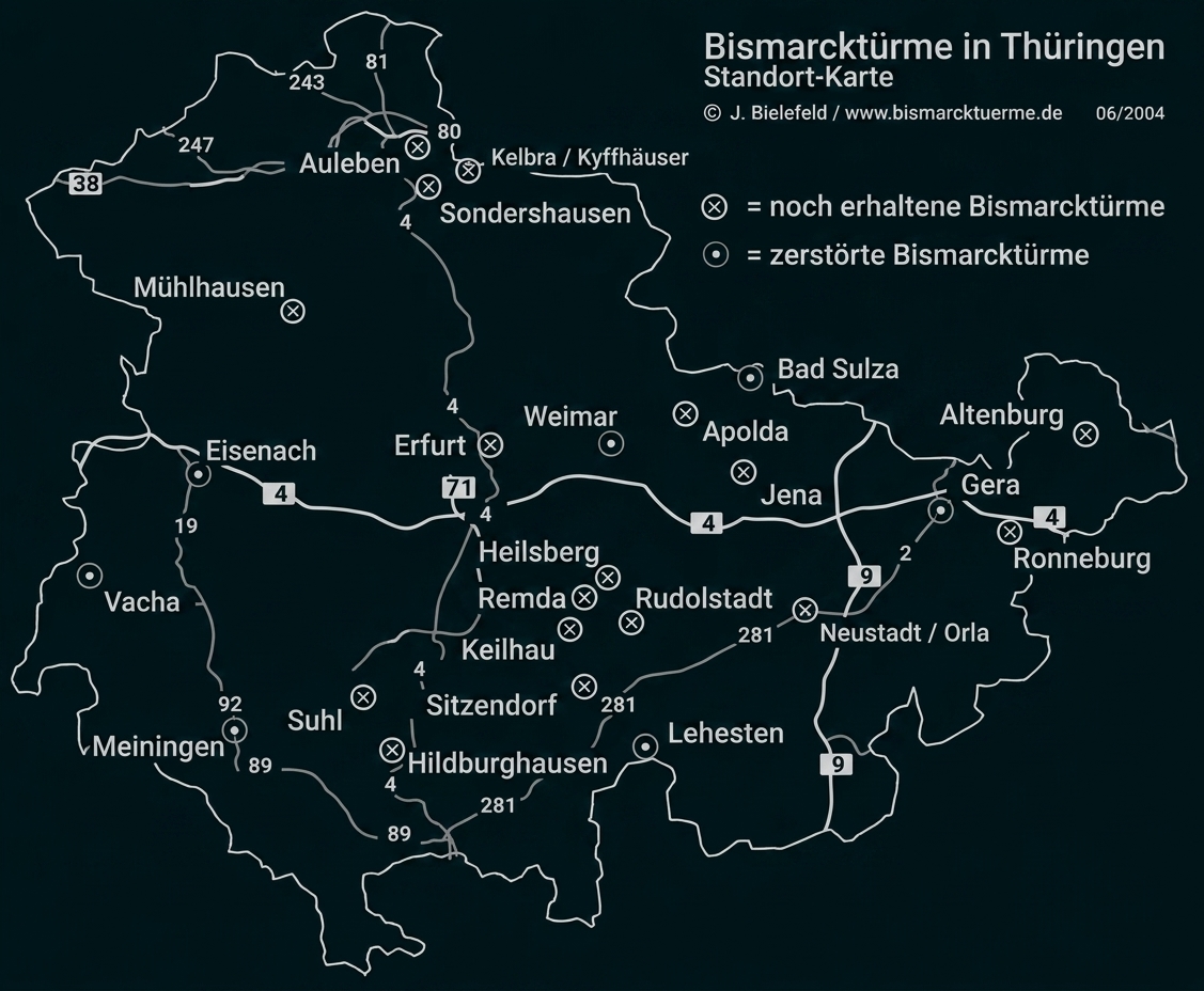 Schwarz-weiß Karte Thüringen mit markierten Bismarcktürmen, Ortsnamen und Straßen